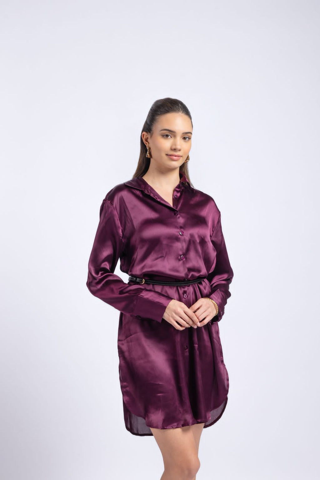 Wine satin shirt dress features a soft, lightweight feel.