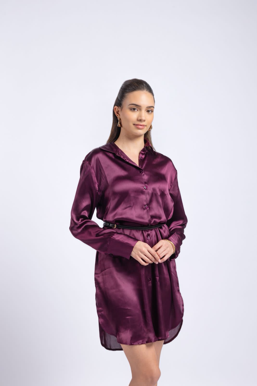 Wine satin shirt dress features a soft, lightweight feel.
