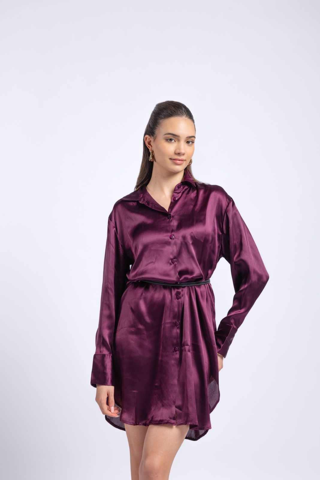 Wine satin shirt dress features a soft, lightweight feel.