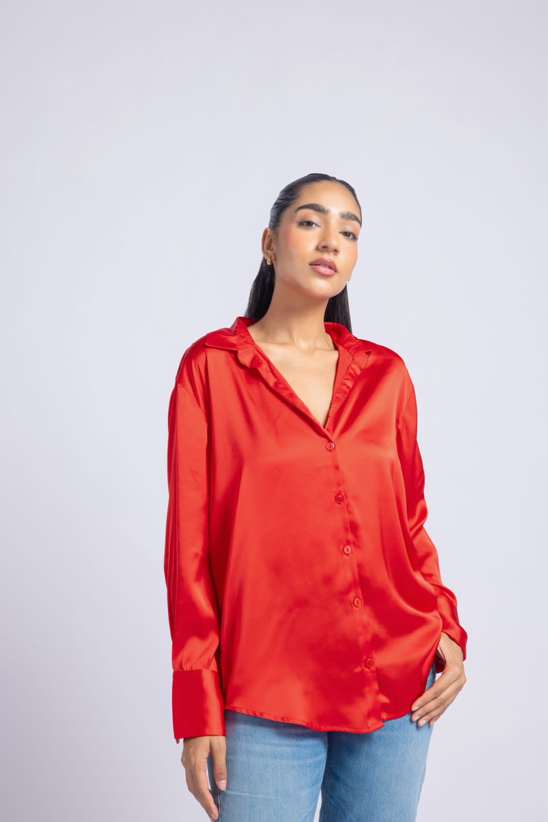 Red satin shirt with a soft lightweight feel.