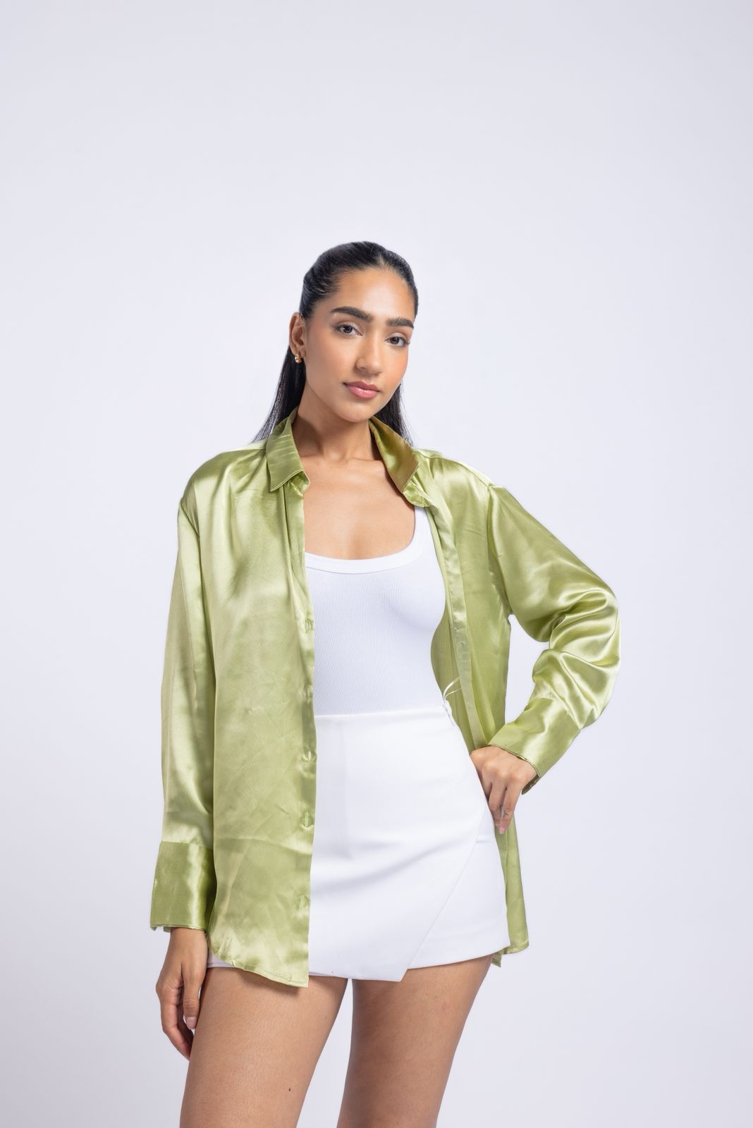 Light green satin shirt with a soft lightweight feel.