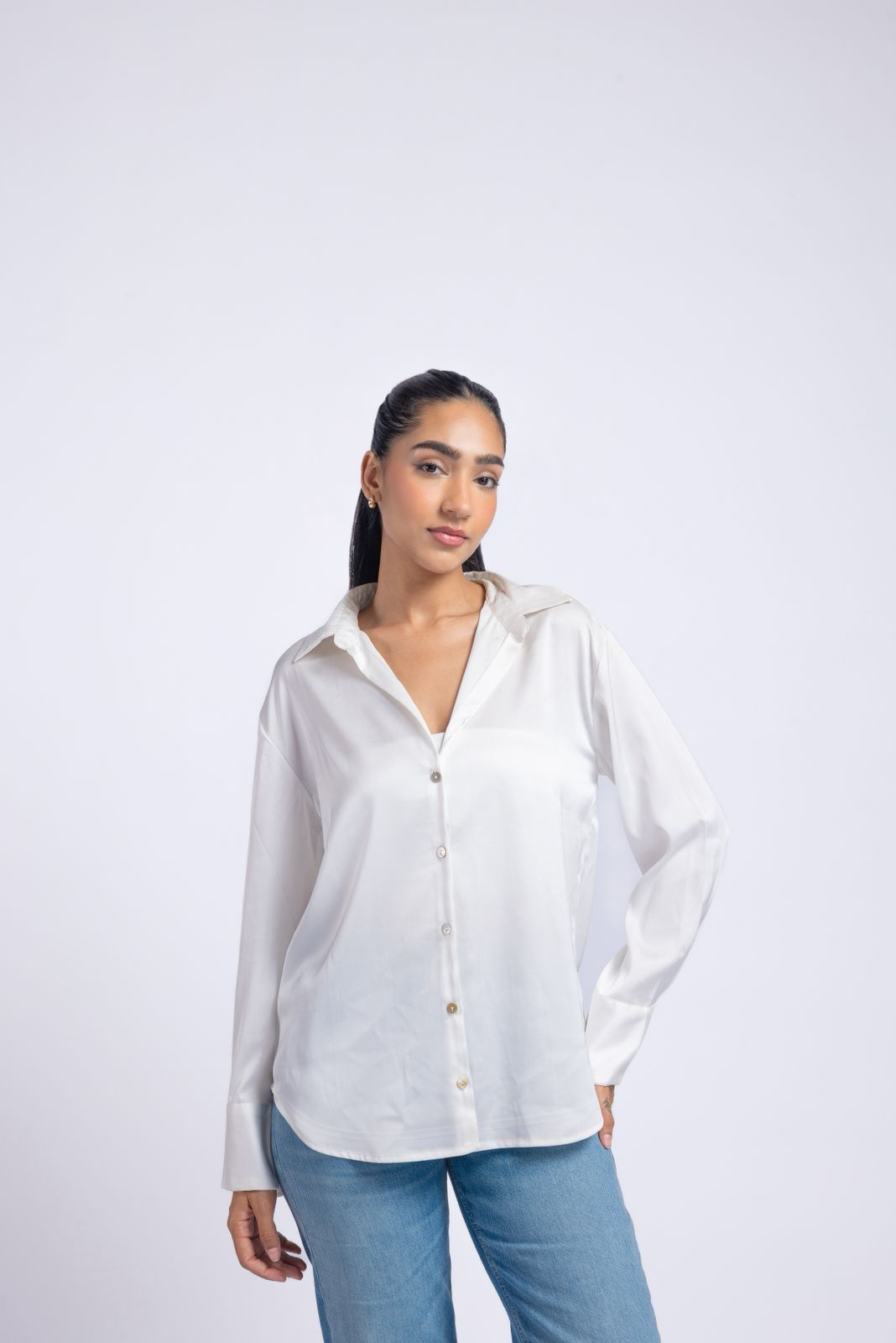 White satin shirt with a soft lightweight feel.