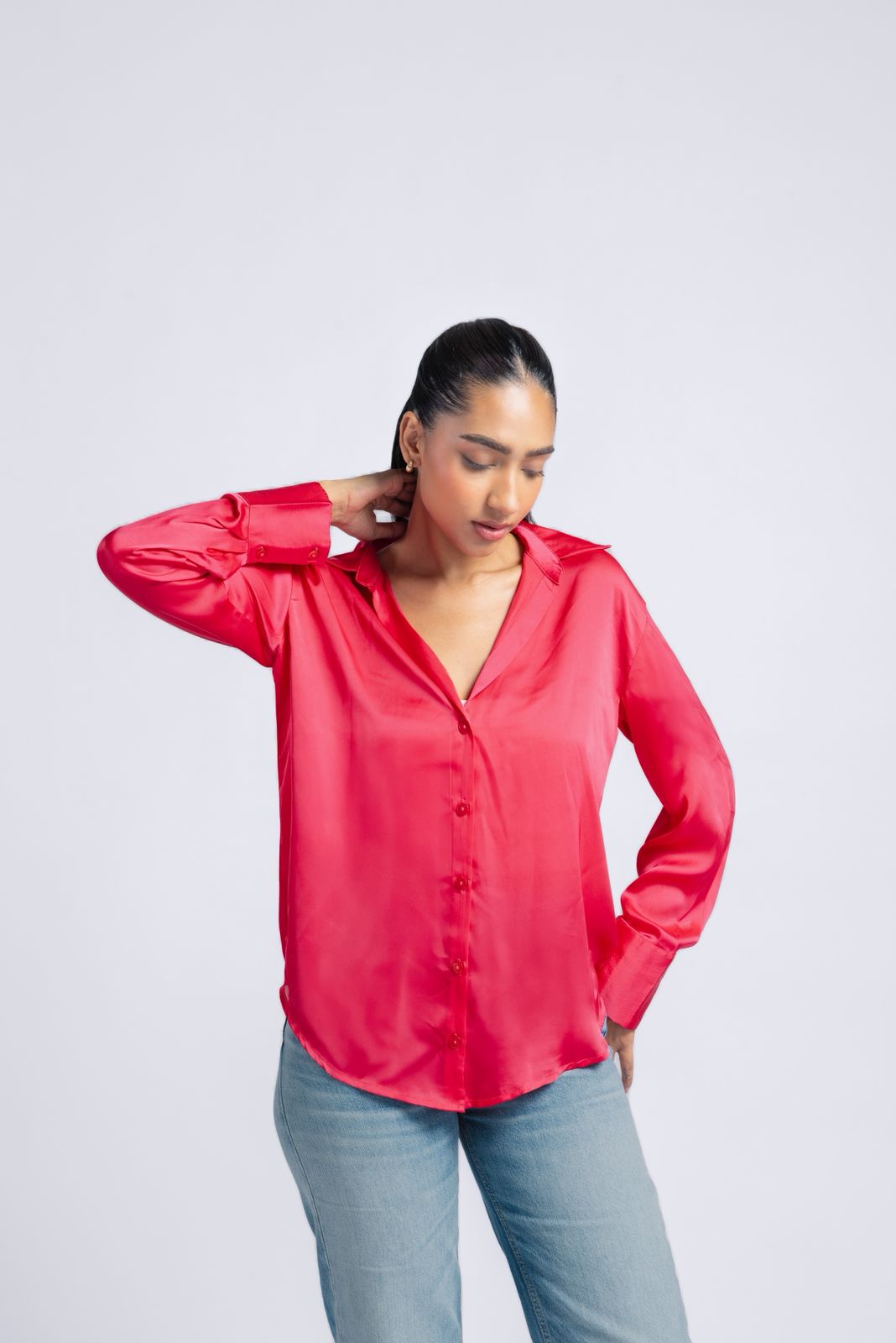 Pink satin shirt with a soft lightweight feel.