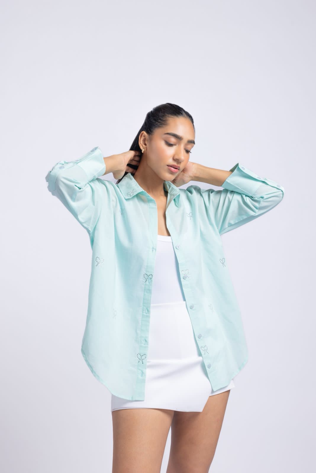 Cotton shirt with swarovski work (Light sea green)