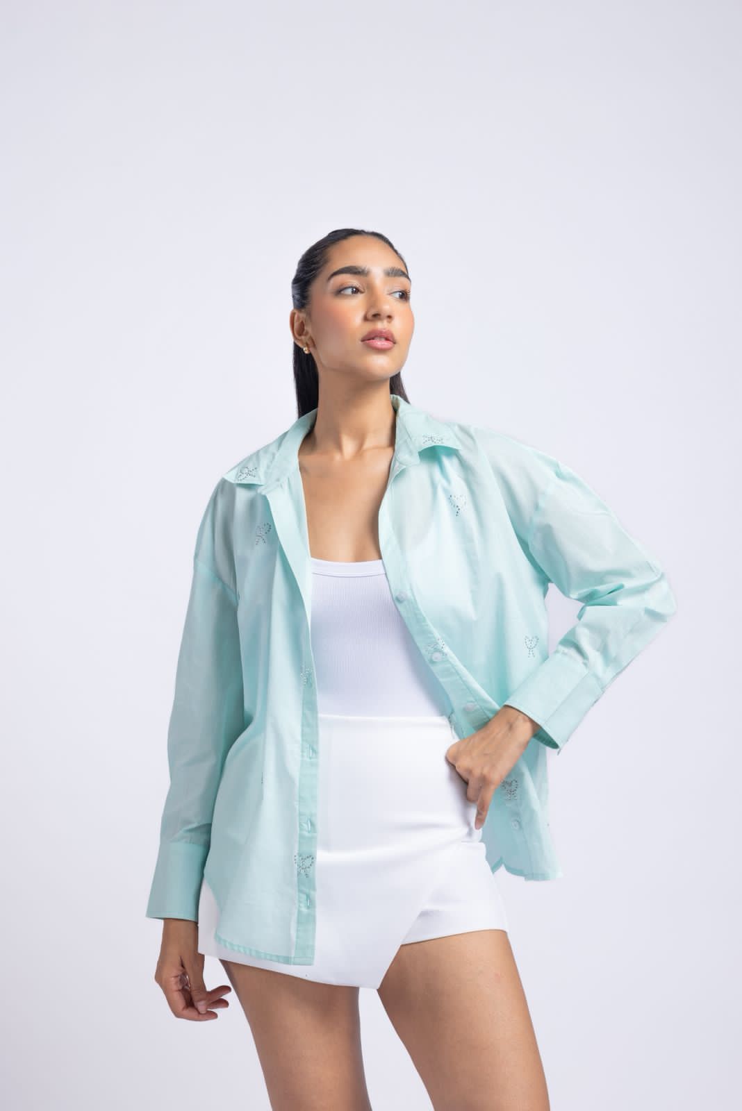 Cotton shirt with swarovski work (Light sea green)