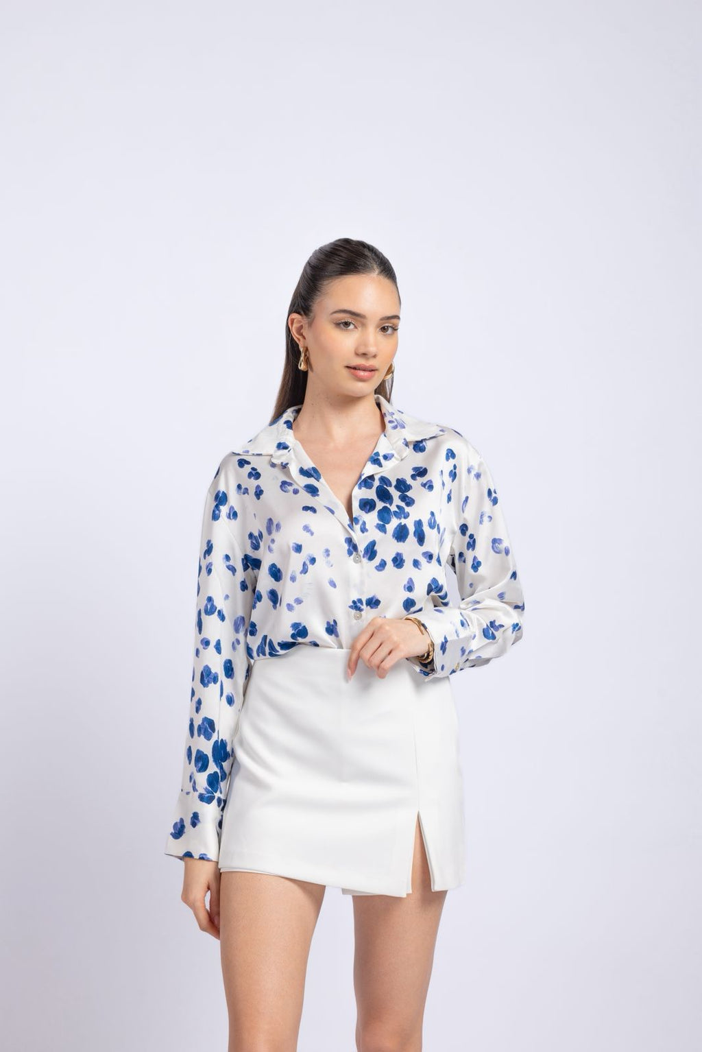 White Shirt with Blue Printed Design .