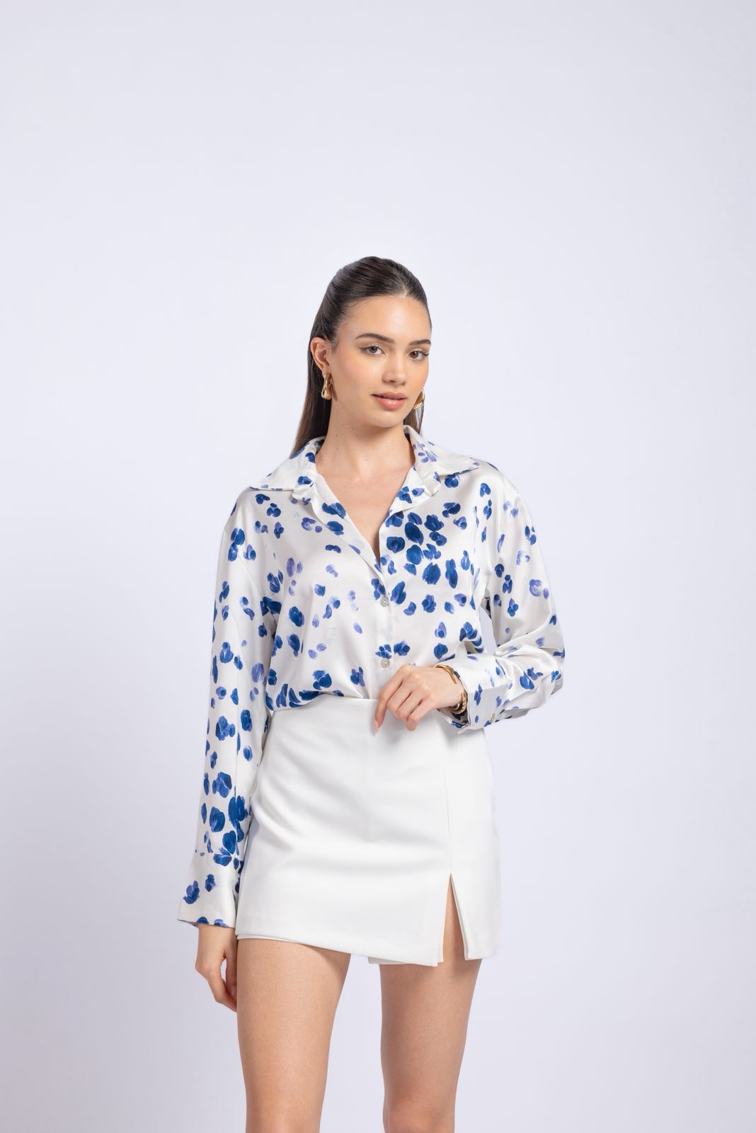 White Shirt with Blue Printed Design .
