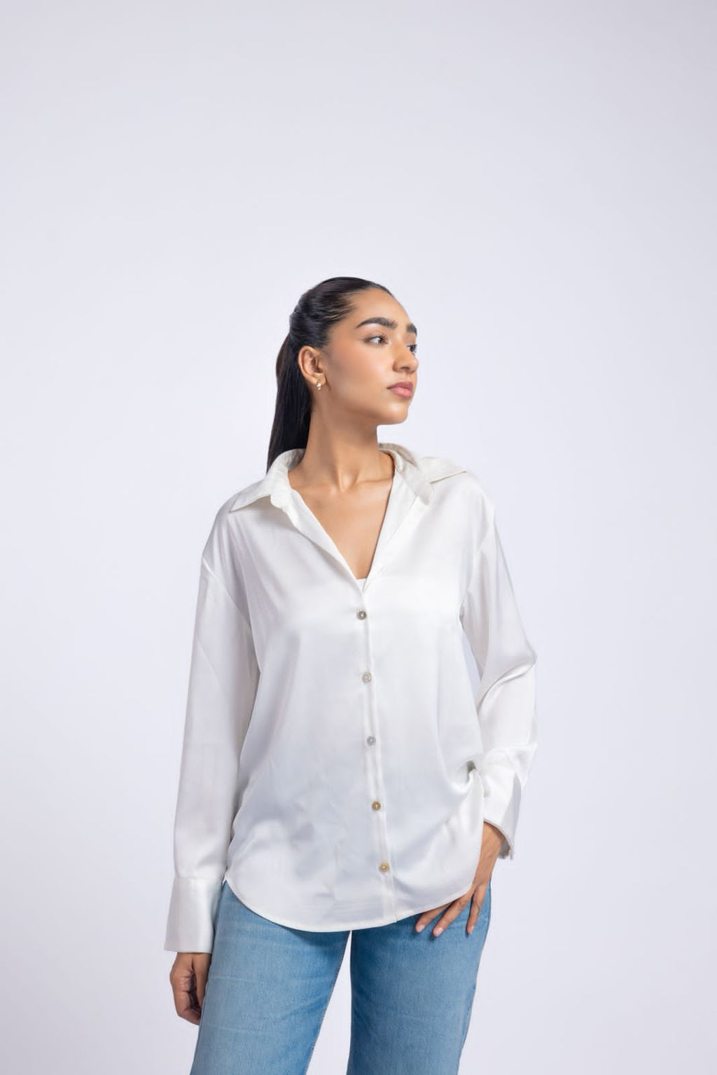 White satin shirt with a soft lightweight feel.