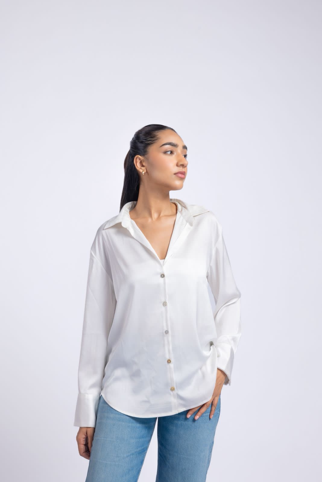 White satin shirt with a soft lightweight feel.