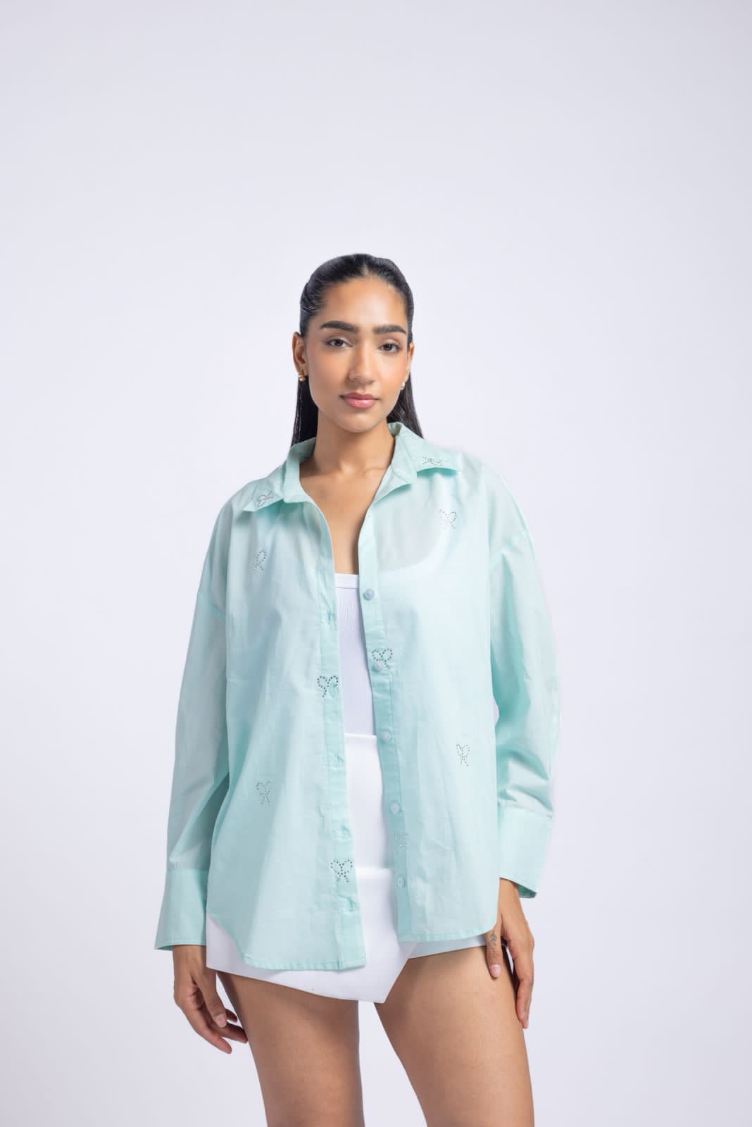 Cotton shirt with swarovski work (Light sea green)