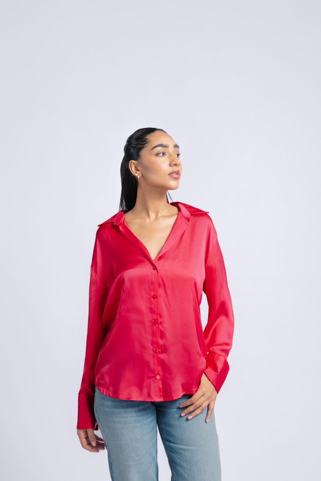 Pink satin shirt with a soft lightweight feel.