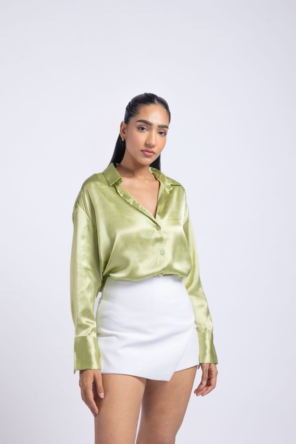 Light green satin shirt with a soft lightweight feel.