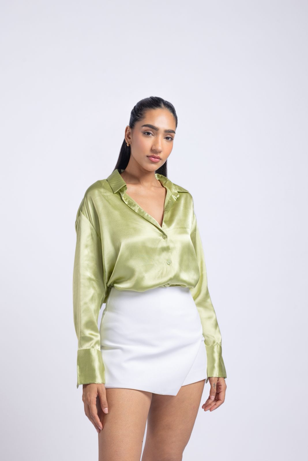 Light green satin shirt with a soft lightweight feel.