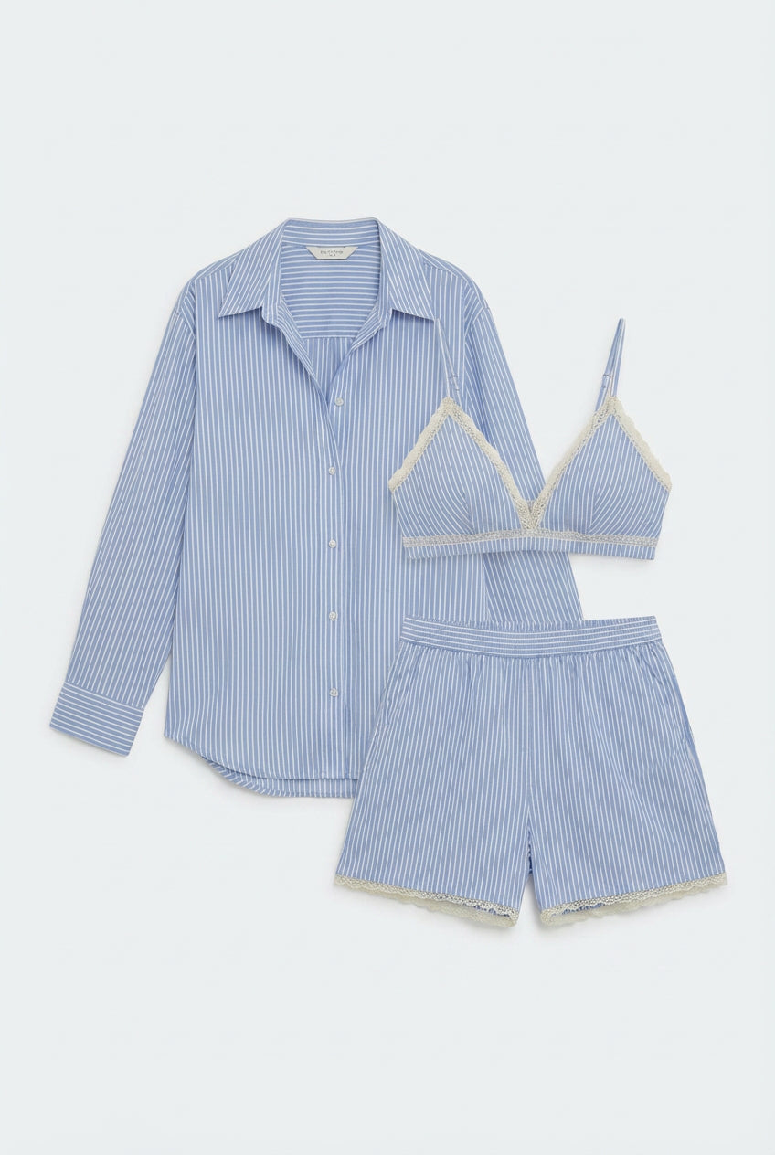 Blue & White Striped Cotton Three-Piece Co-Ord Set for Women | Shirt, Shorts & Crop Inner Set