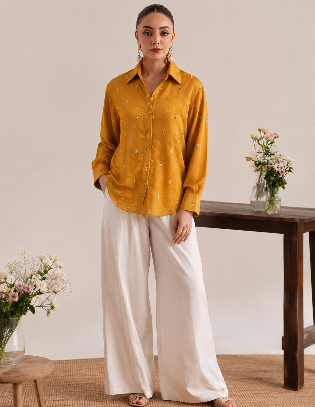 Mustard Yellow Sequin Embellished Silk Shirt
