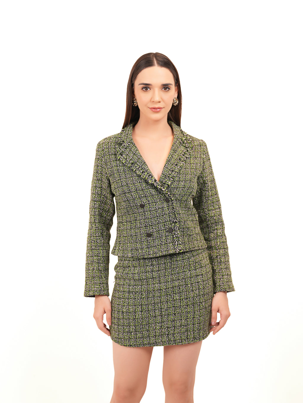 Tweed Double Breasted Blazer  With Skirt