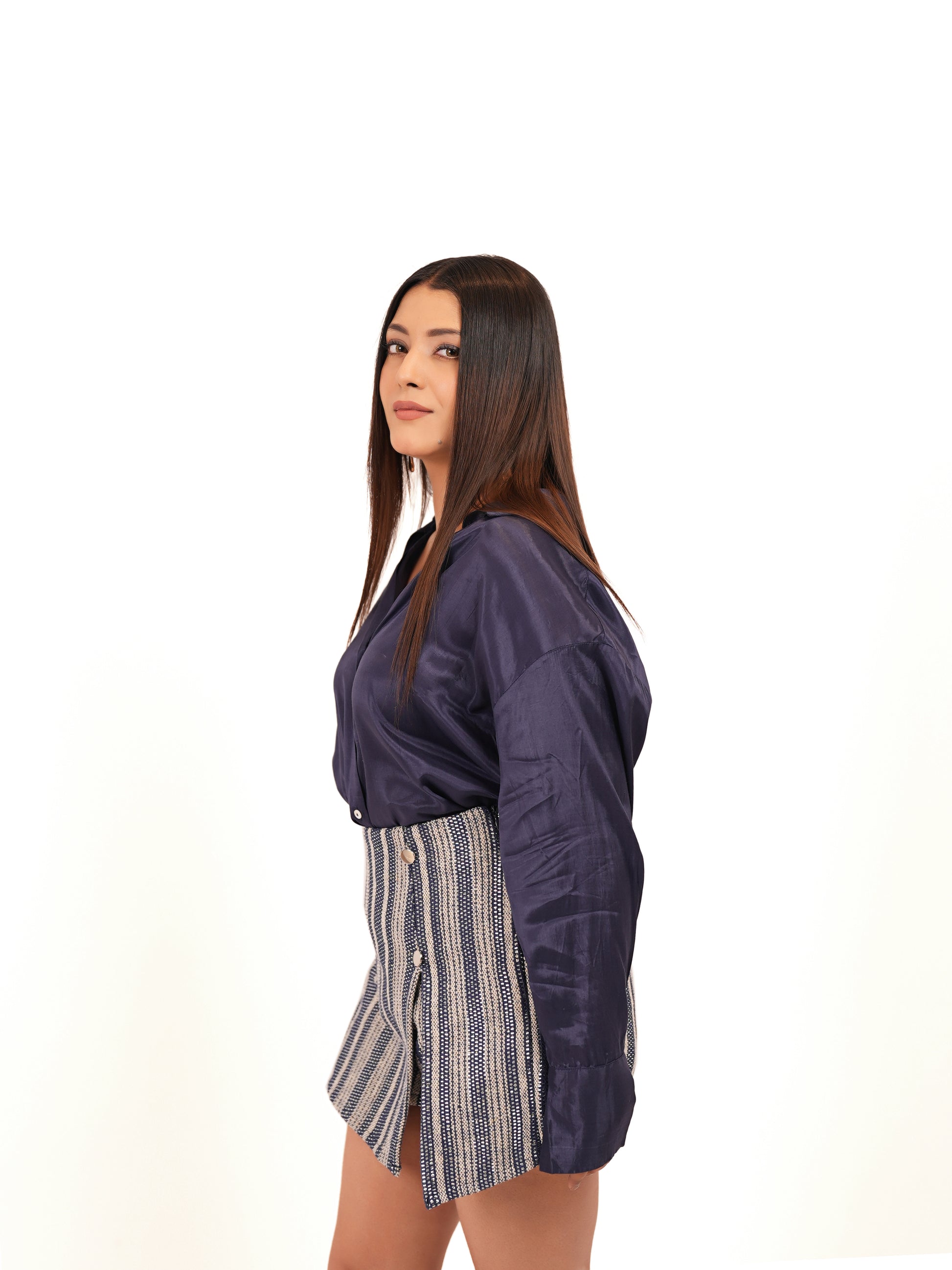 Satin Shirt with Tweed Navy Skorts