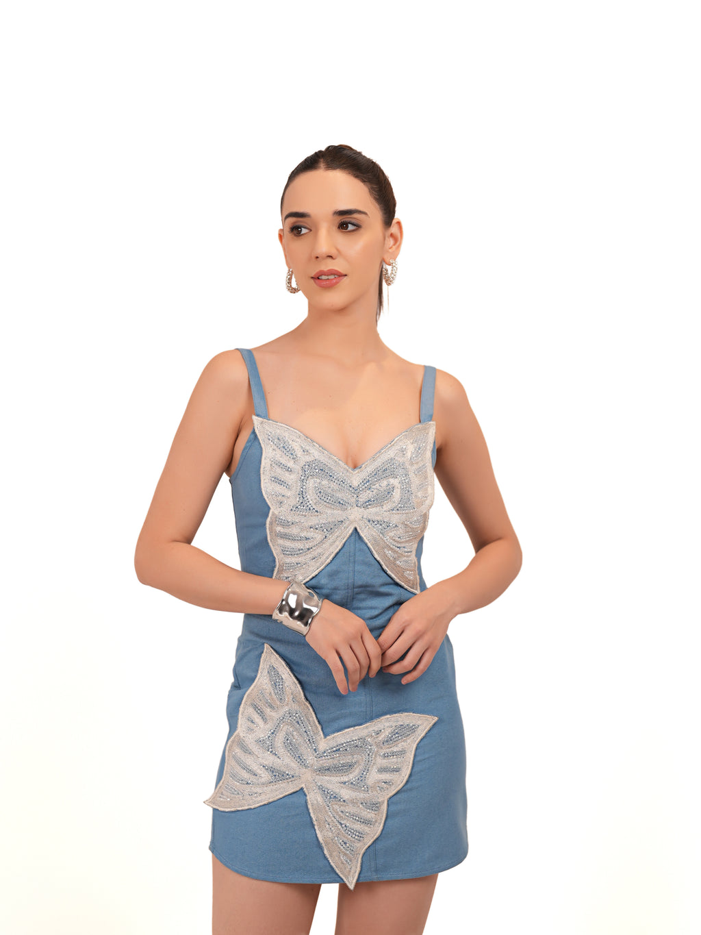 Denim Butterfly Embellished Top with Skirt