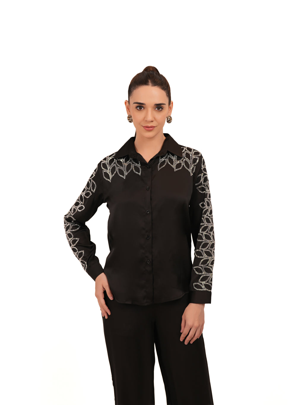 Black Swarovski Detail Satin Silk Shirt