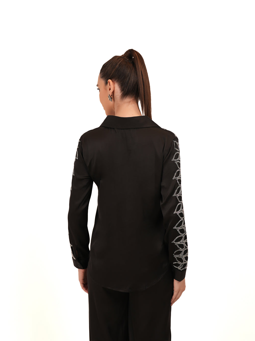 Black Swarovski Detail Satin Silk Shirt