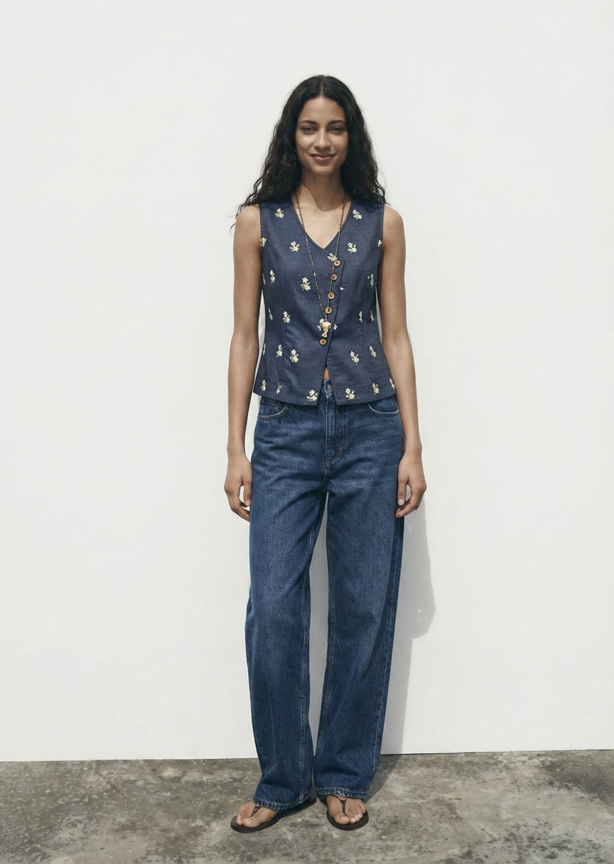 Denim Sleeves less Top with Embroidery
