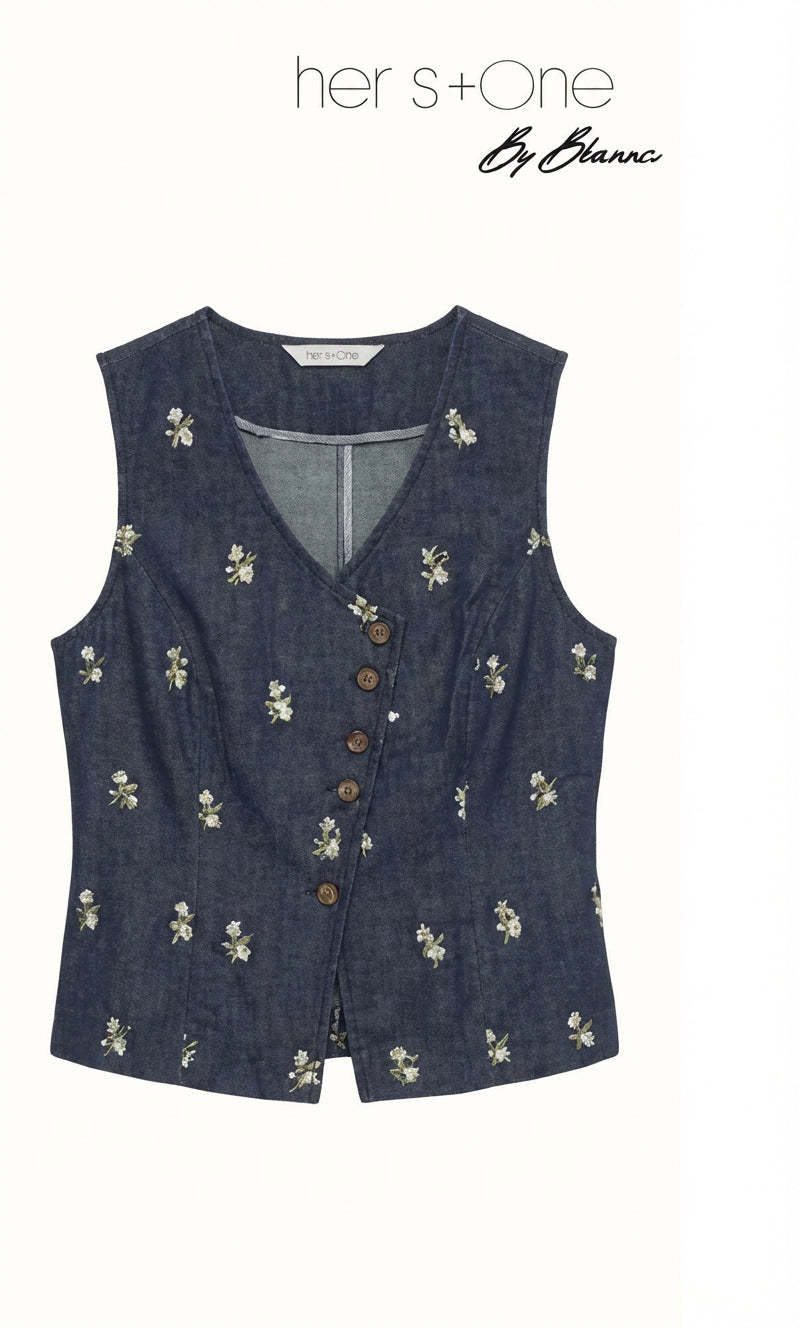 Denim Sleeves less Top with Embroidery