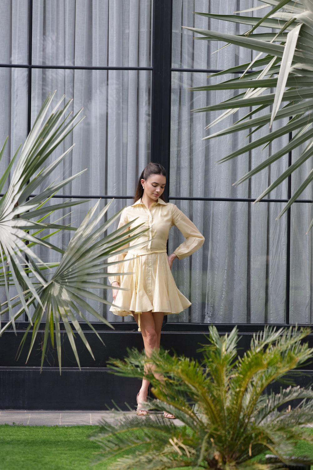 Women's Short Yellow Dress with Cotton Tie-Up Belt herstoriebybhawna Women's Short Yellow Dress with Cotton Tie-Up Belt herstoriebybhawna