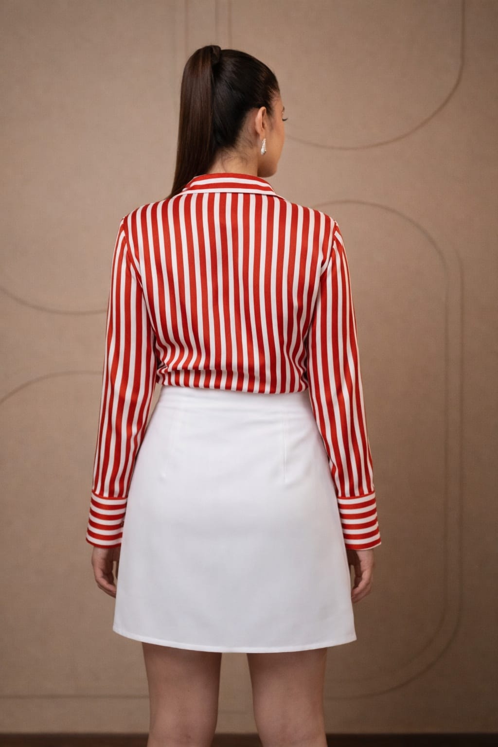 Red & White Striped Satin Shirt with White Embellished Skirt for Women