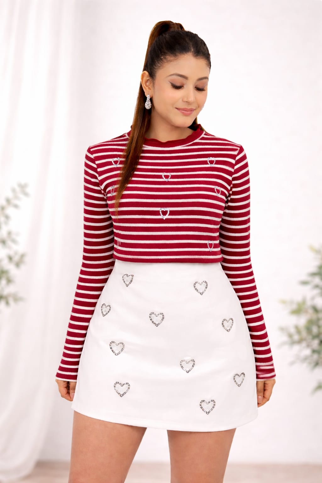 Red & White Stripe Embellished Top