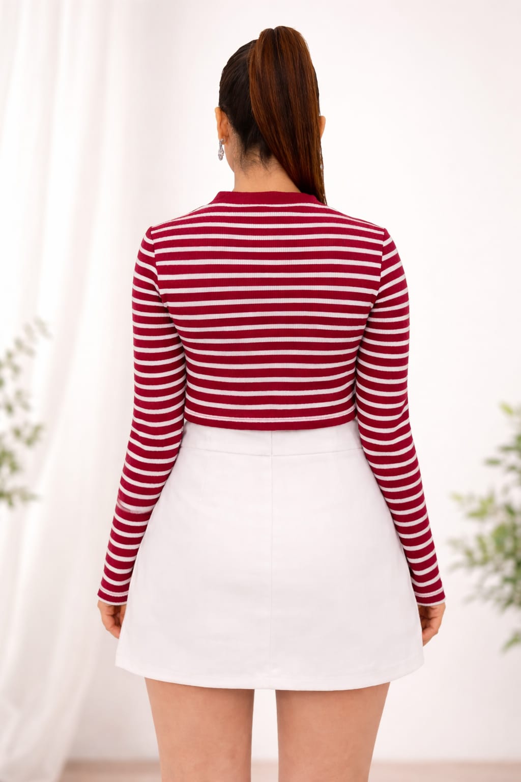 Red & White Stripe  Top With  White  Embellished Skirt