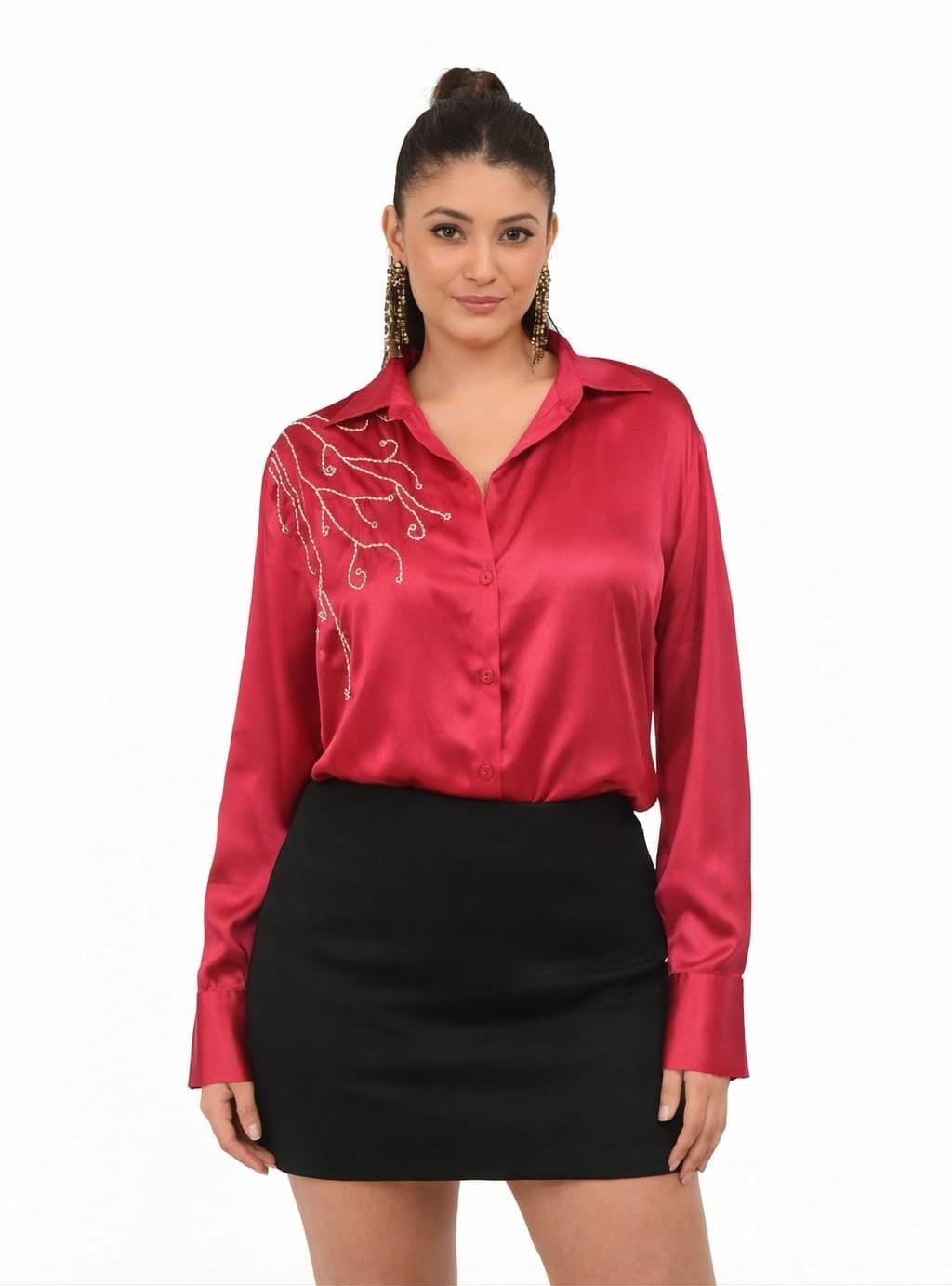 Red   Satin Embroidered Shirt