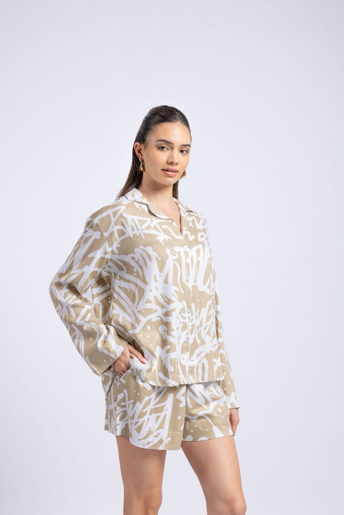 Beige abstract print rayon co-ord set women front view full sleeve shirt and shorts