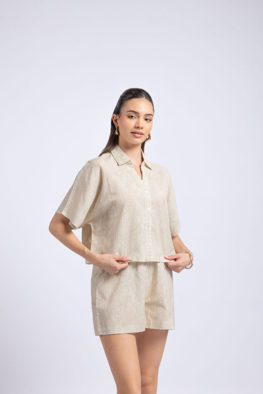 Beige cotton flex co-ord set for women front view shirt and shorts outfit