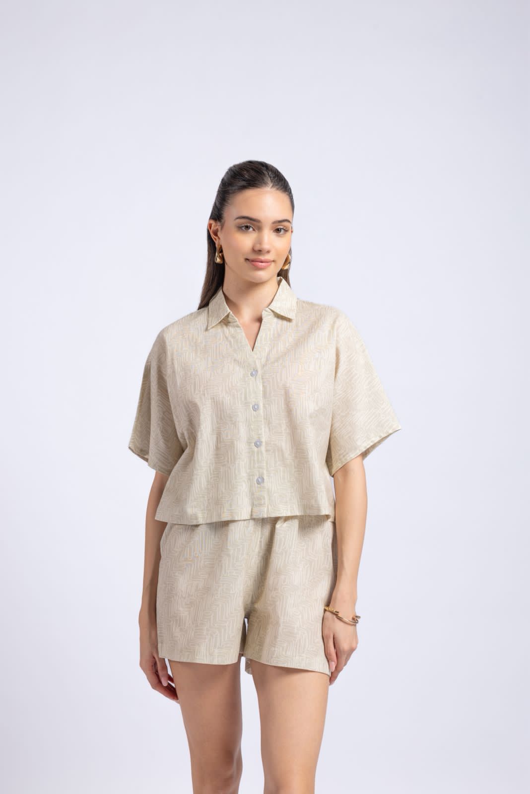 Women beige half sleeve shirt and shorts co-ord set front angle relaxed fit outfit