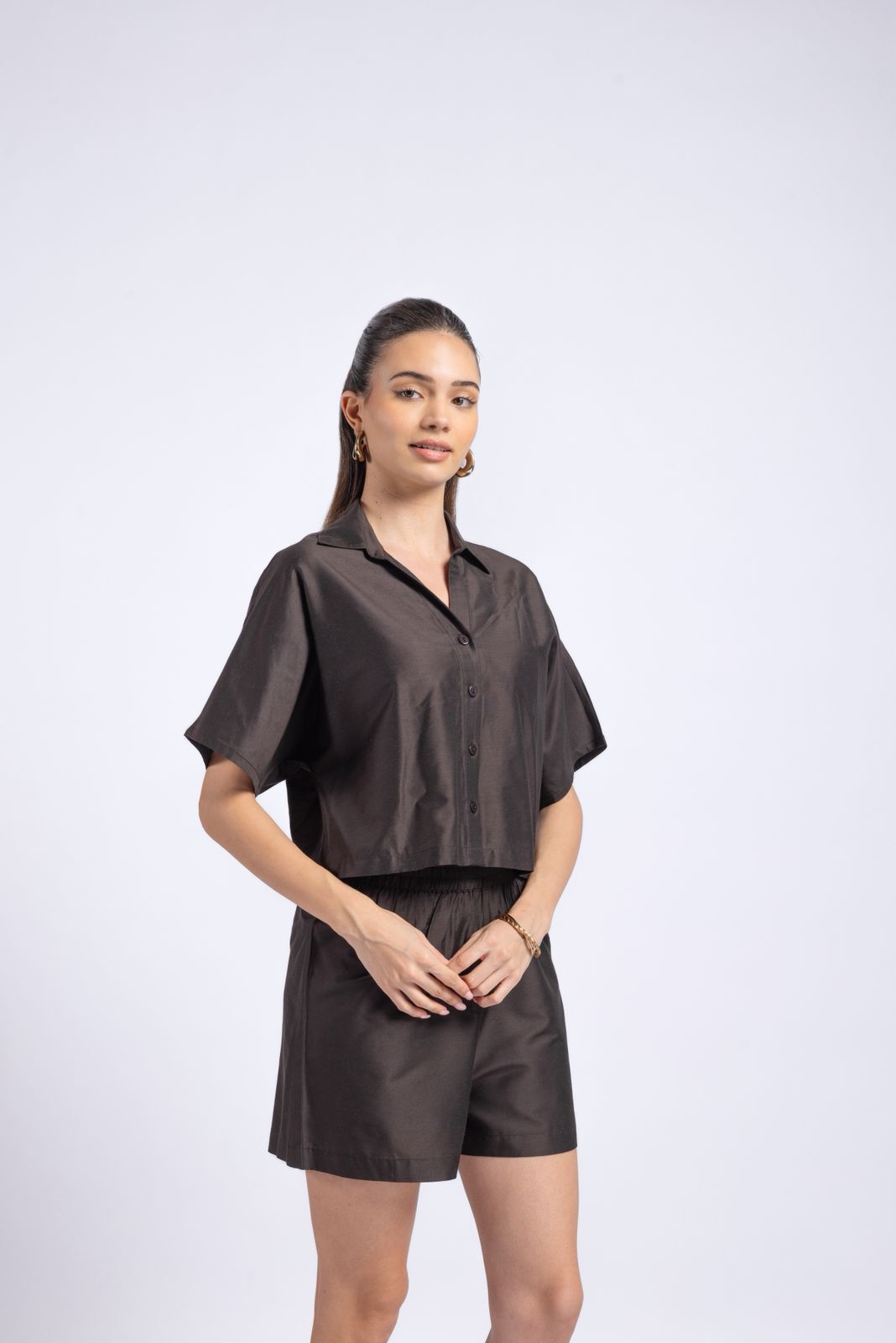 Black polyester co-ord set for women front view shirt and shorts outfit