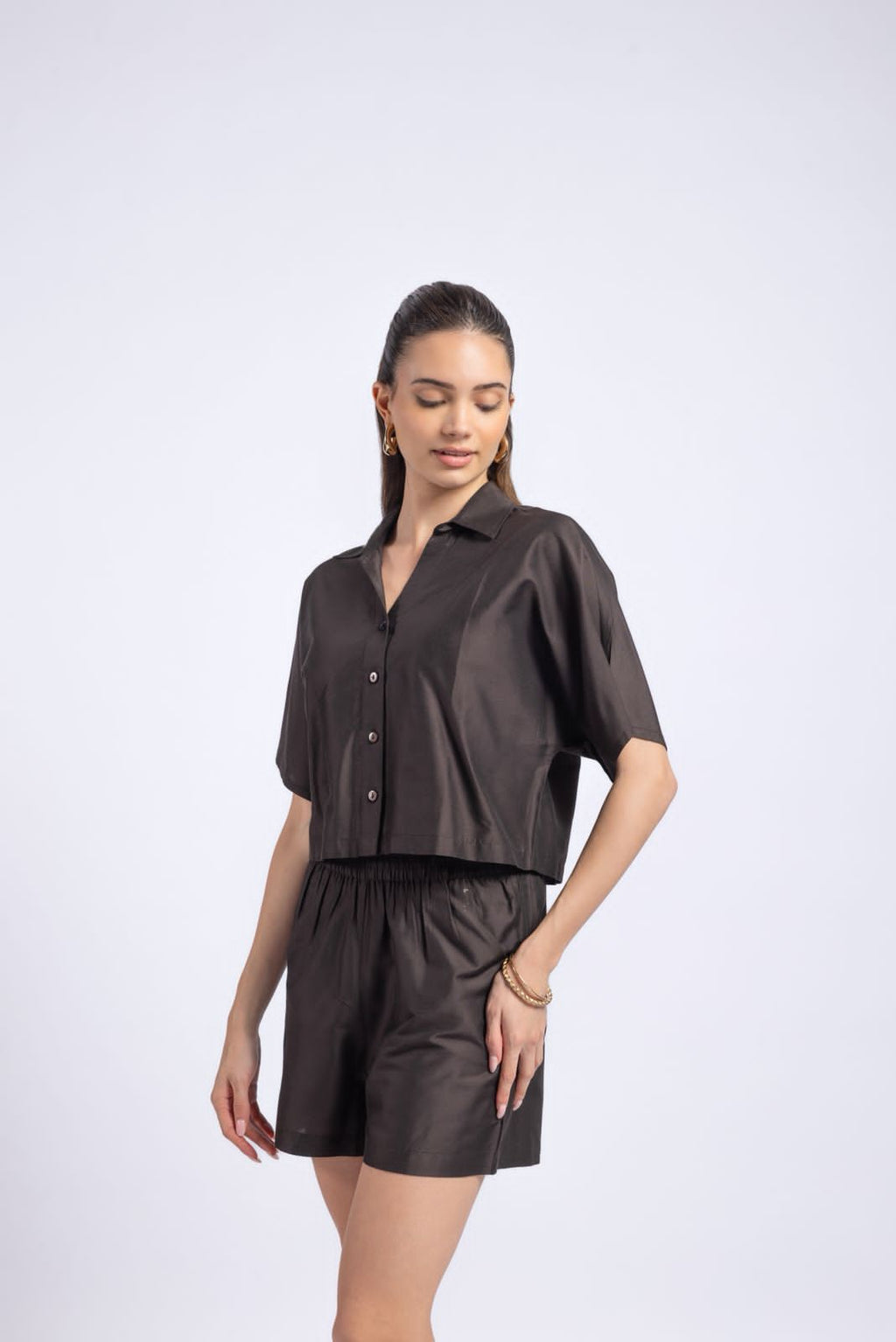 Women black half sleeve shirt and shorts co-ord set front angle relaxed fit