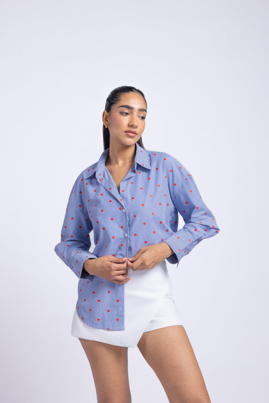 Women blue striped cotton shirt with heart print front angle casual long sleeve shirt