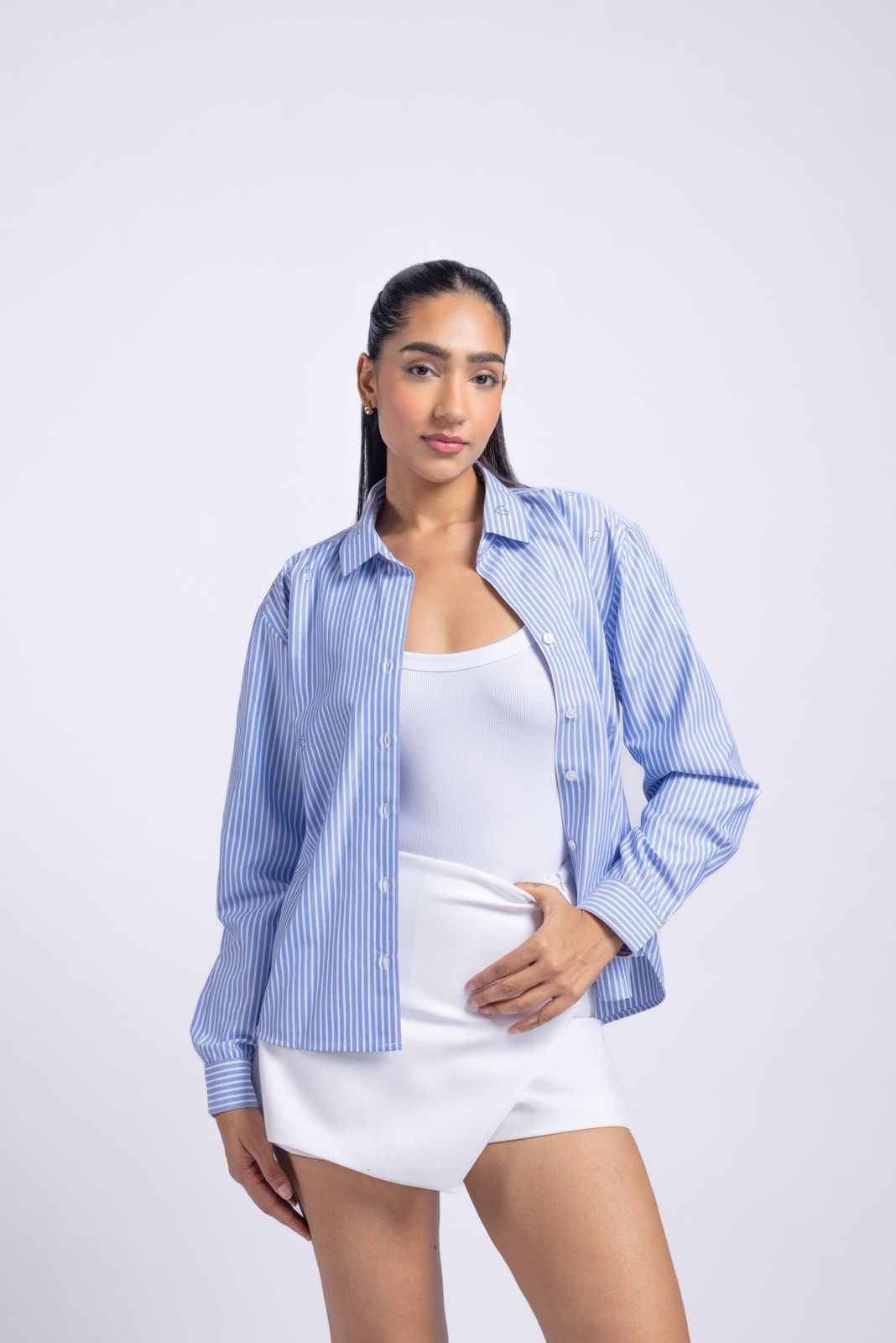 Blue striped cotton shirt with Swarovski embellishments front view oversized women shirt