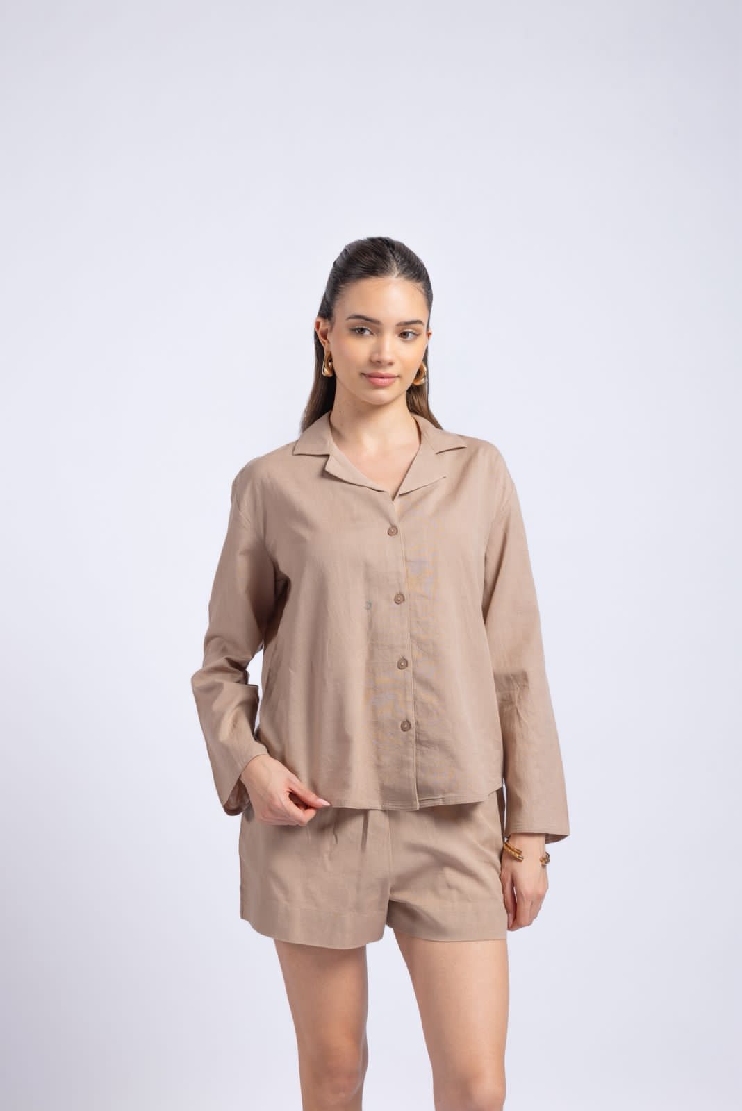 Brown cotton flex co-ord set for women front view shirt and shorts outfit
