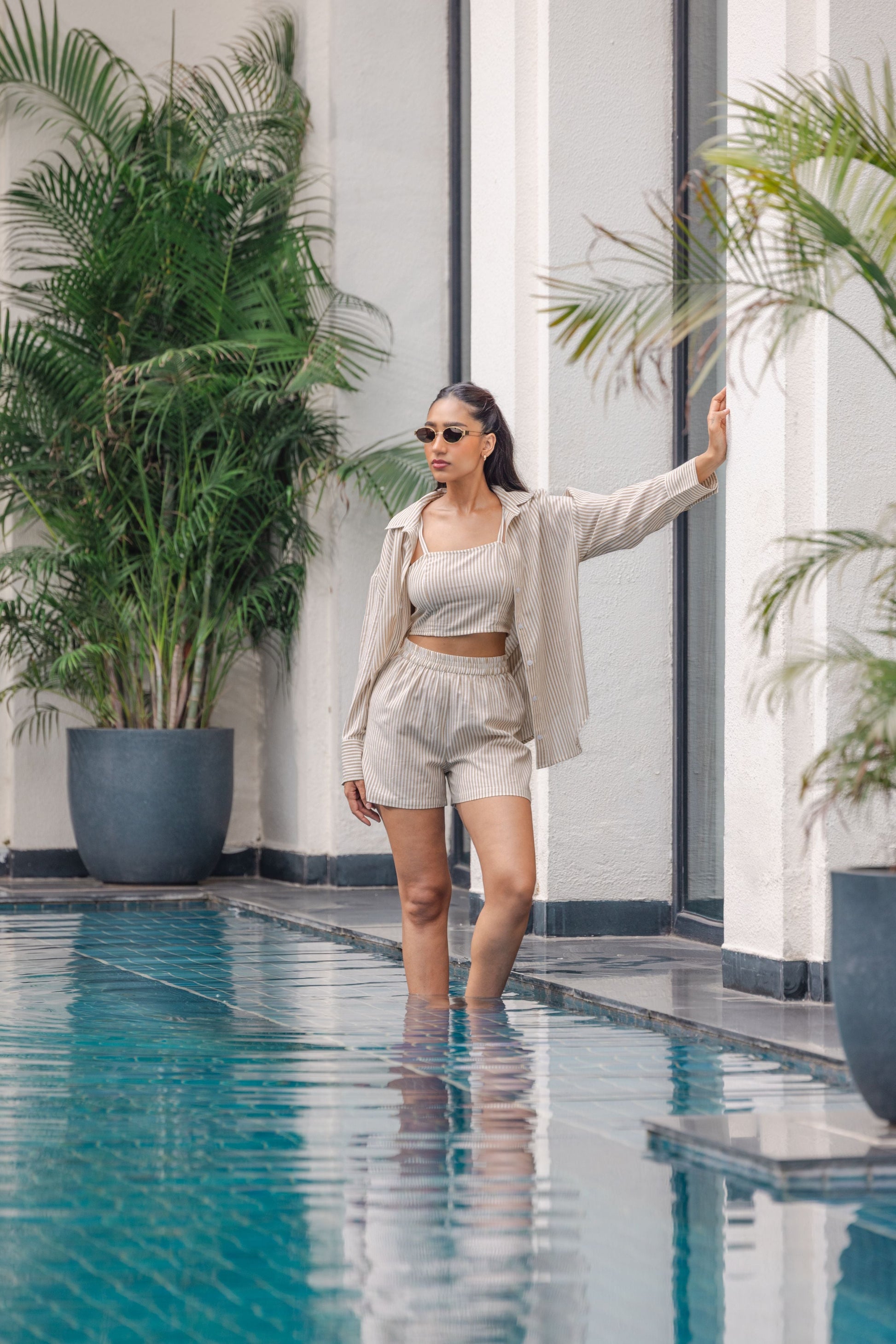 Brown striped cotton three piece co-ord set women with shirt shorts and crop inner