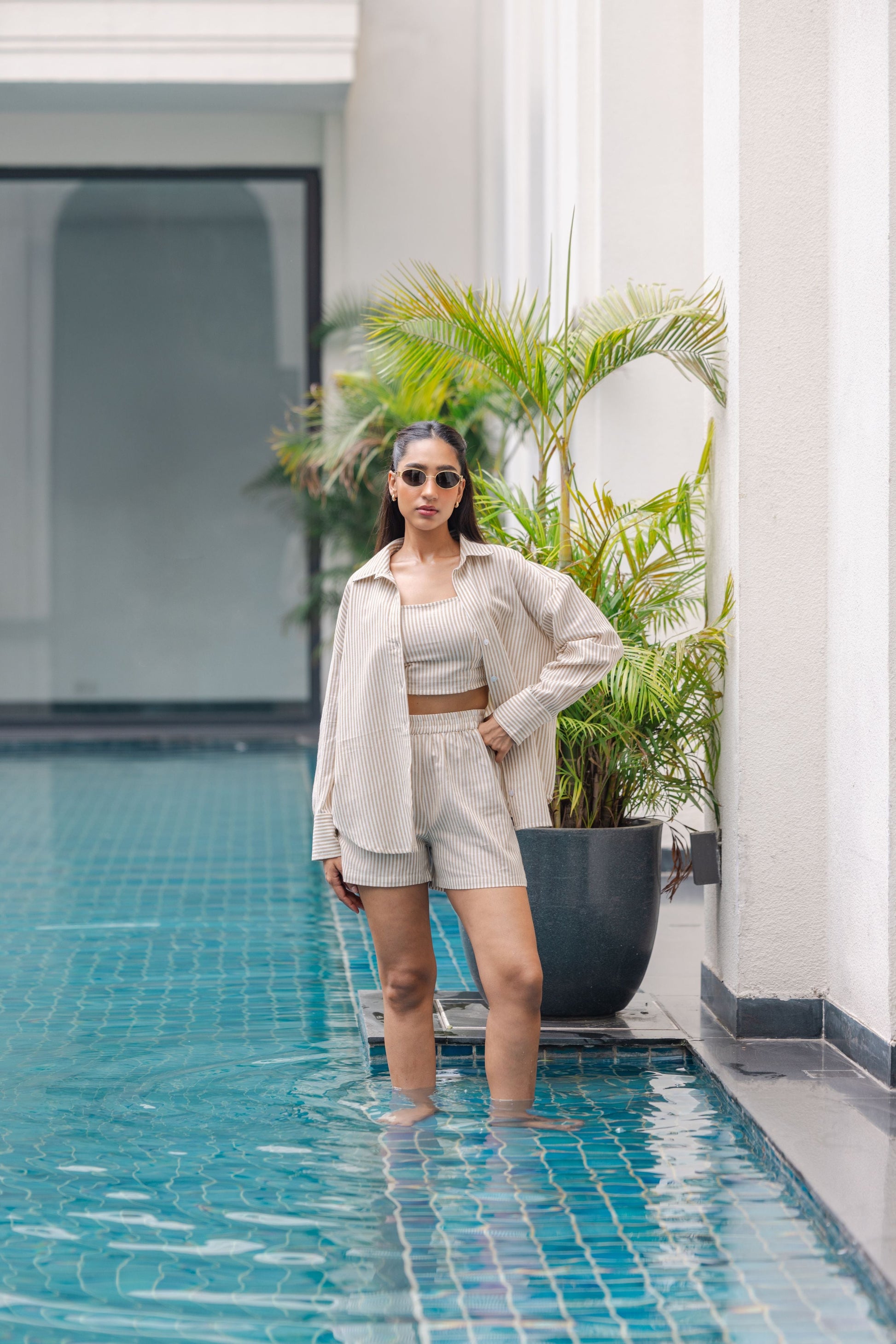 Stylish brown striped three piece outfit women breathable cotton co-ord set