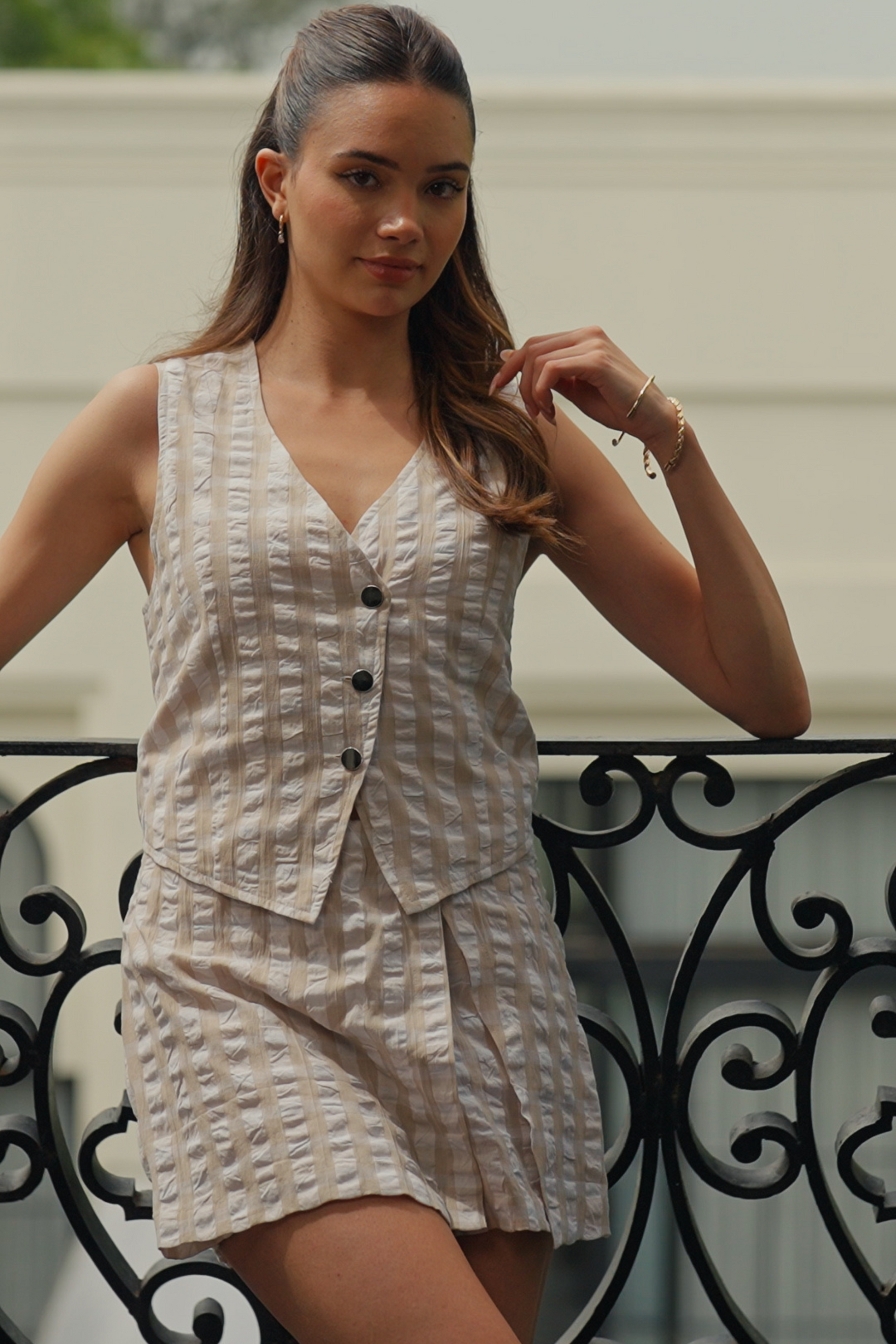 Brown and white checked waistcoat co-ord set women sleeveless vest and skirt outfit