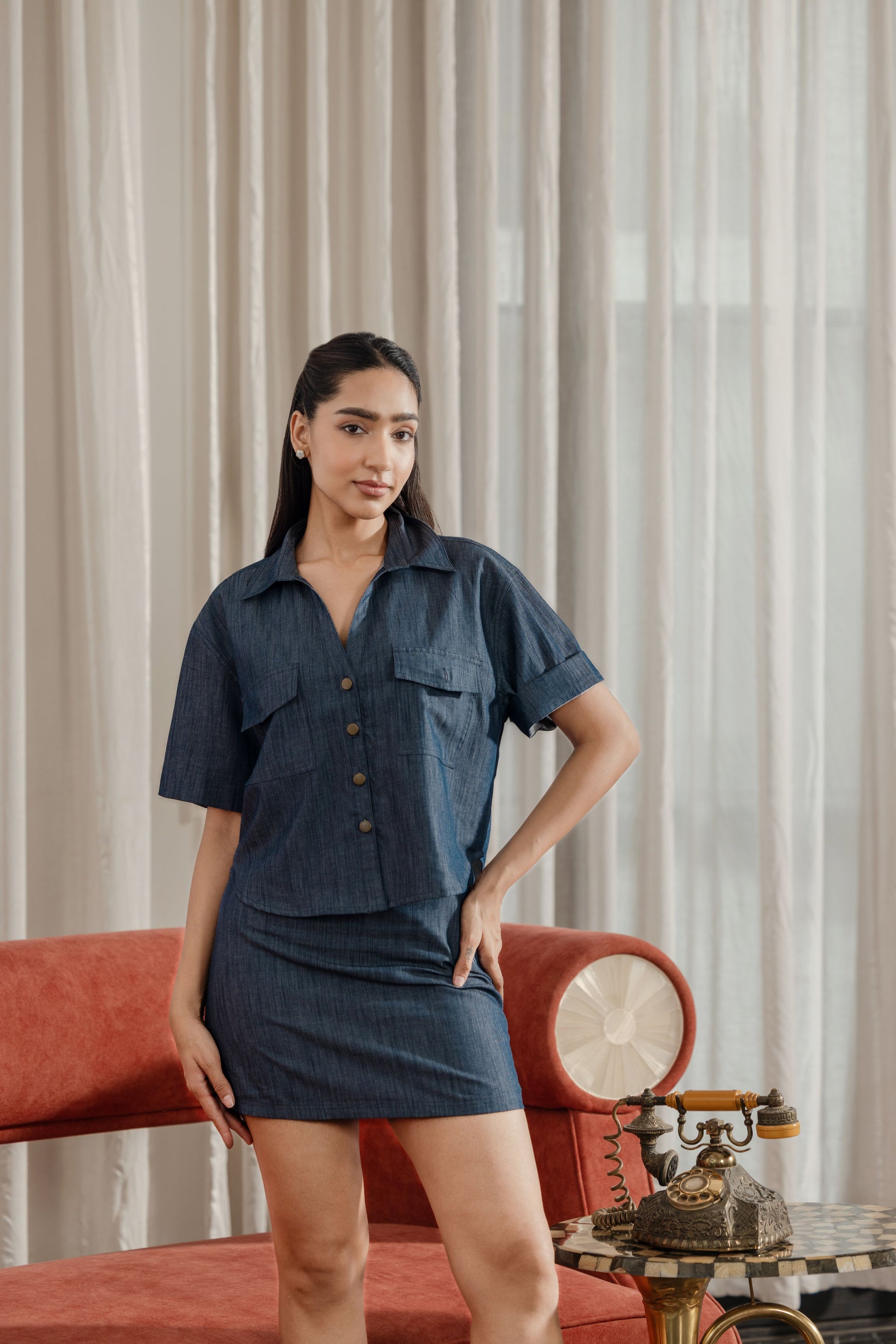 Denim skirt co-ord set for women front view cropped shirt and skirt outfit