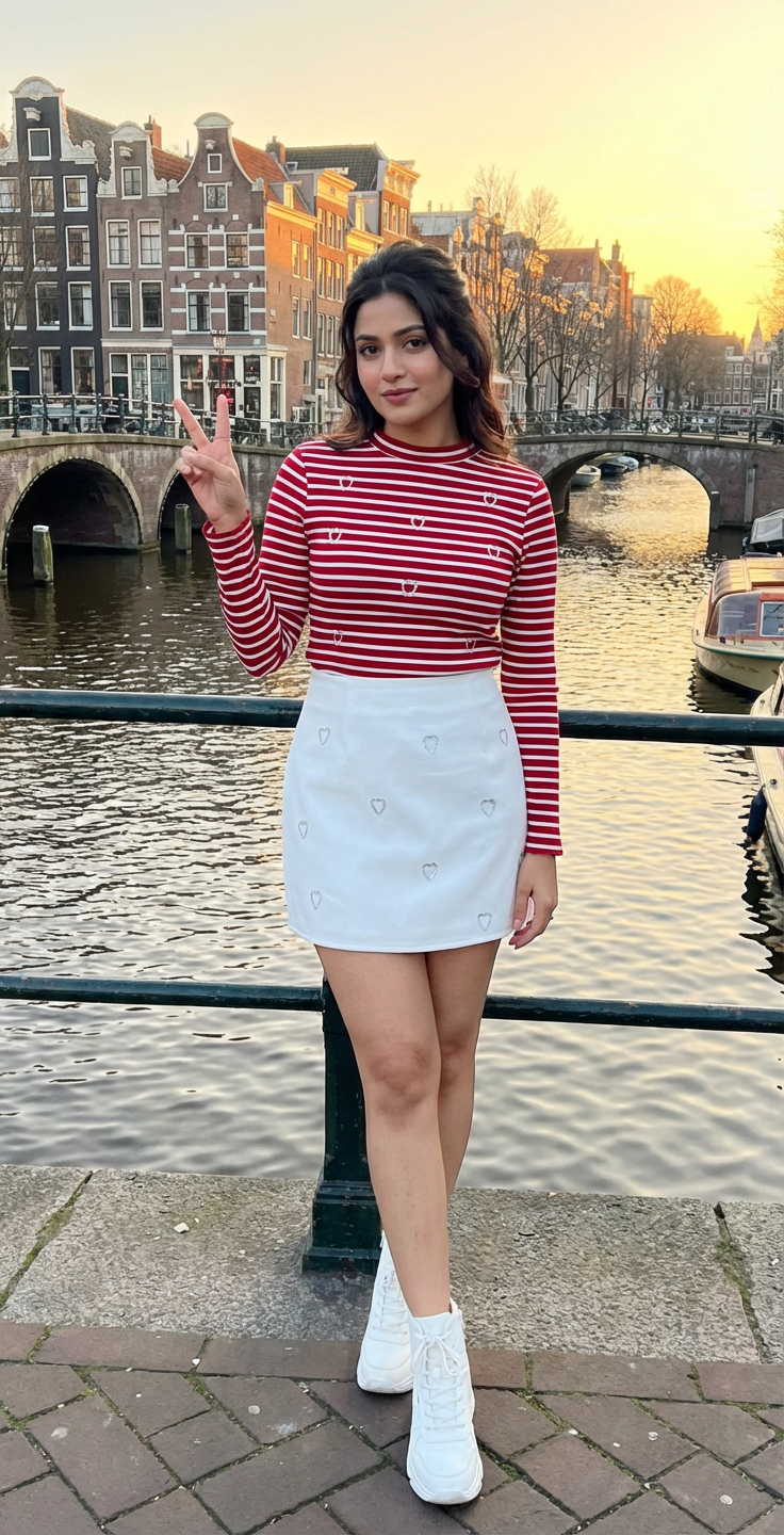 Red & White Stripe  Top With  White  Embellished Skirt
