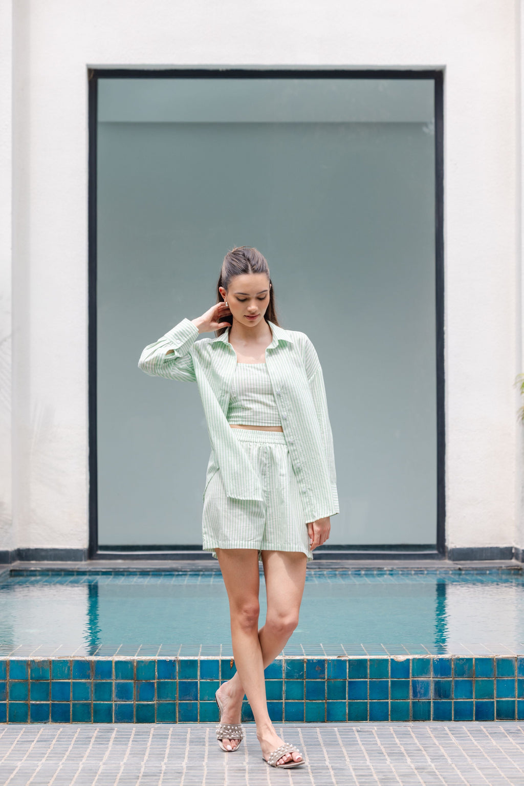Green and white striped cotton three piece co-ord set women with shirt shorts and crop inner