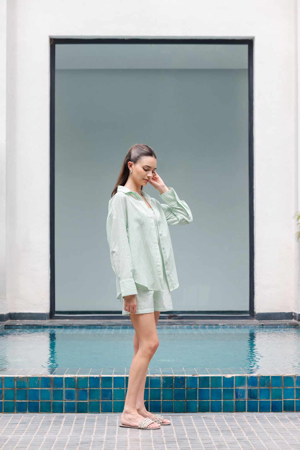 Women green striped co-ord set cotton outfit with oversized shirt and shorts