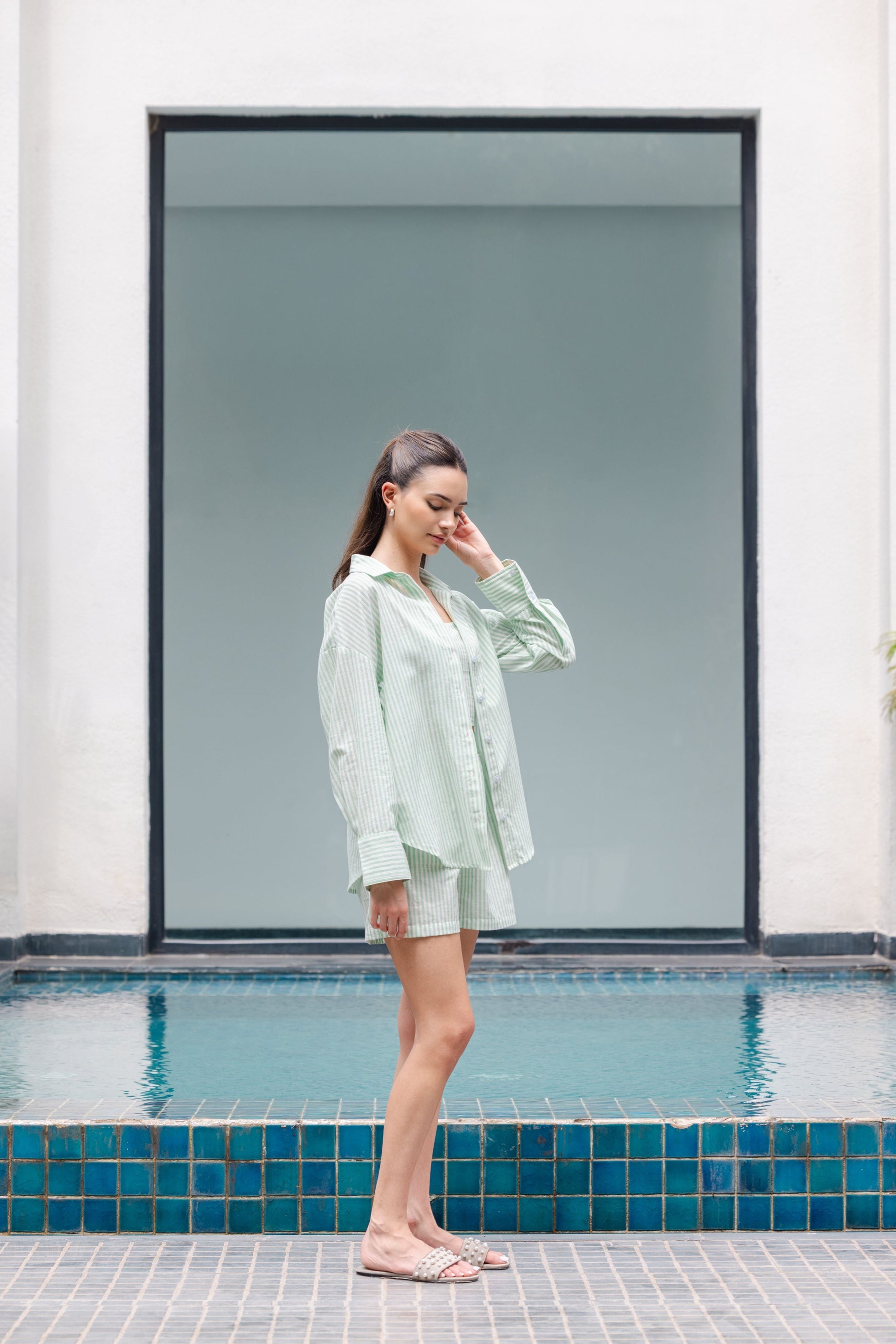 Women green striped co-ord set cotton outfit with oversized shirt and shorts