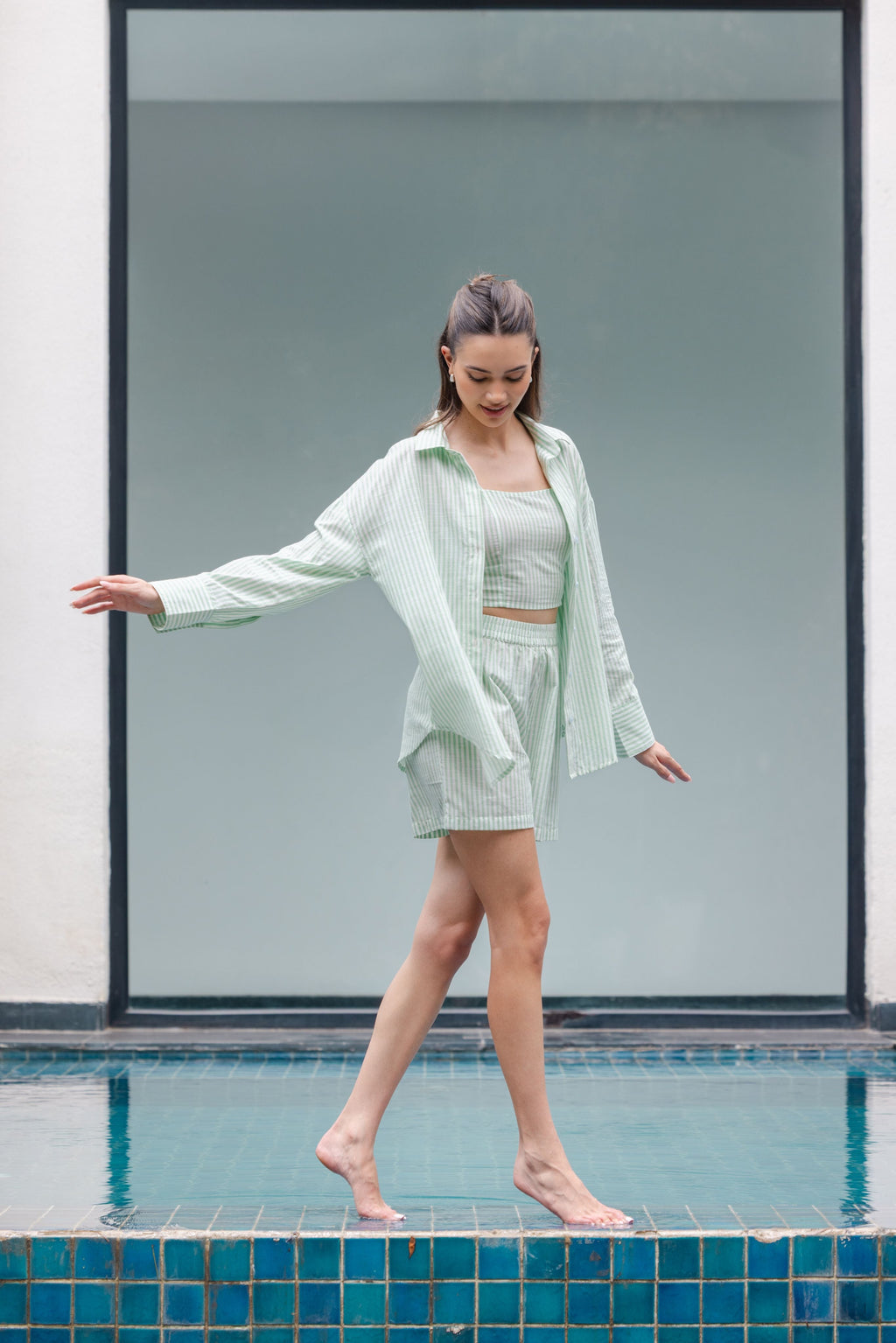 Stylish green and white striped three piece outfit women breathable cotton co-ord set