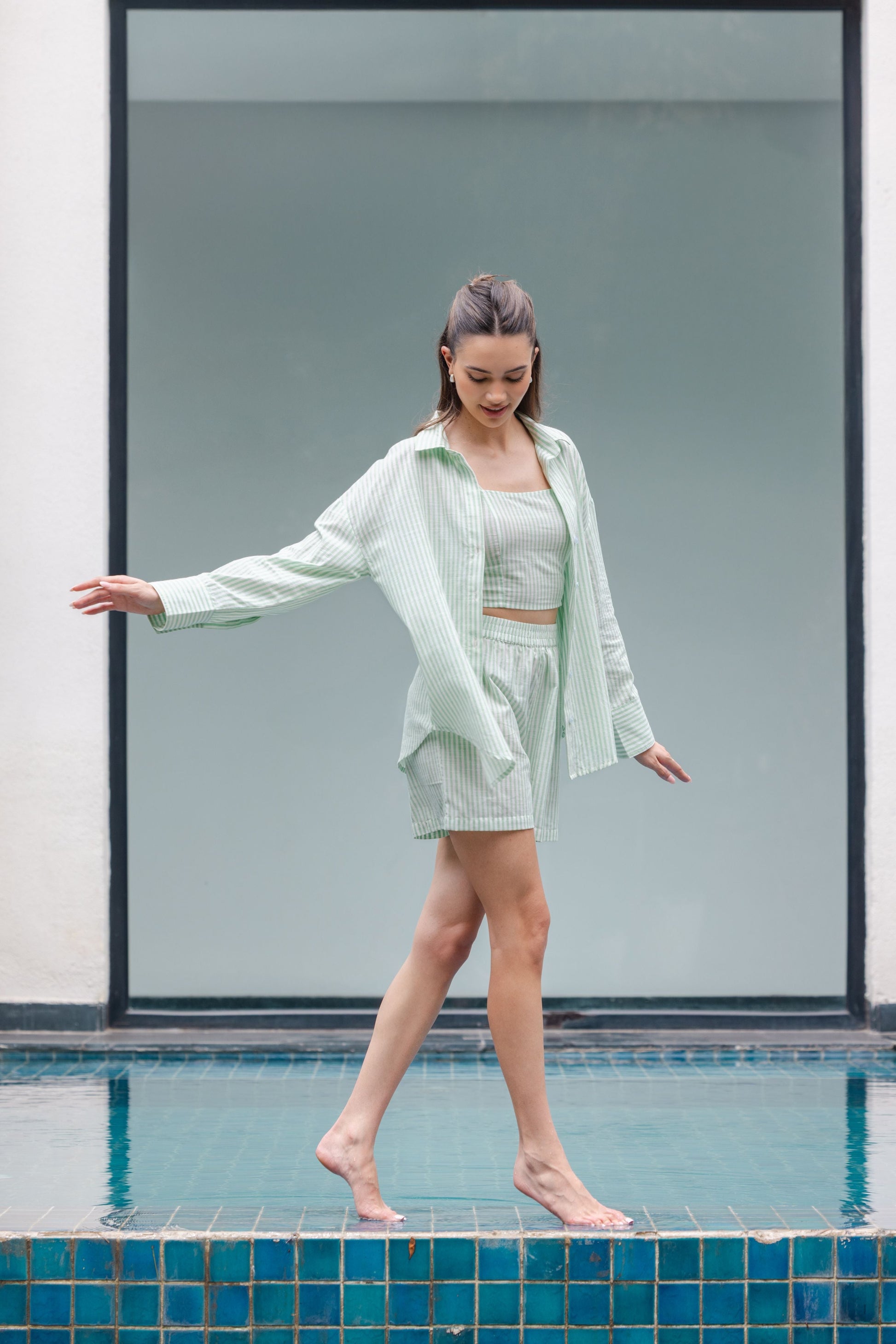 Stylish green and white striped three piece outfit women breathable cotton co-ord set