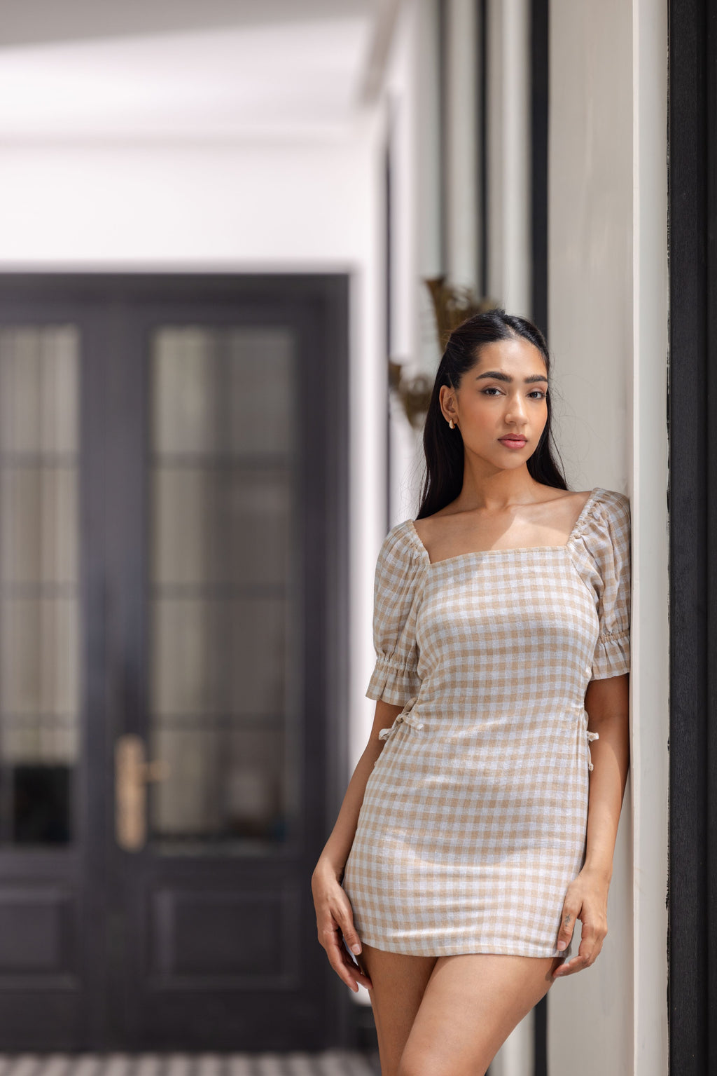 Jute short dress for women front view collared full sleeve textured mini dress